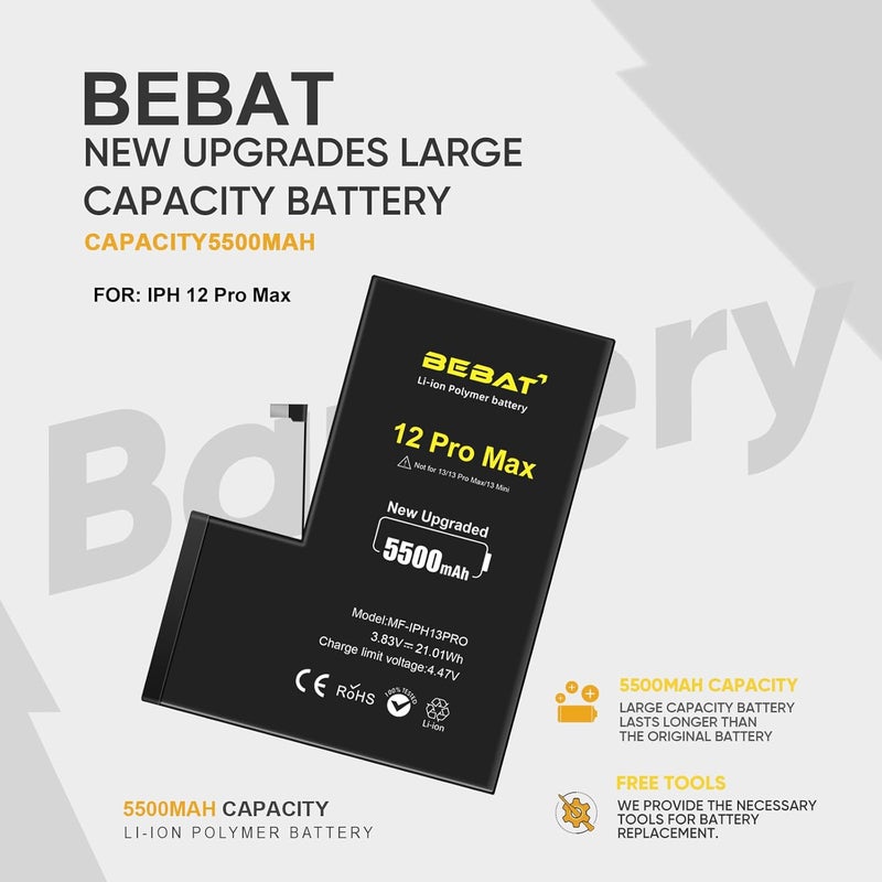 BEBAT Replacement for iPhone 12 Pro Max Battery, 5500mAh High Capacity Li-ion Polymer Replacement Battery for Model A2410 A2411 A2412 A2342 with Professional Repair Tool Kits - Image 4